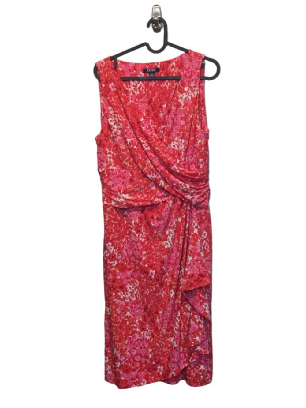 Chaps Floral Faux Wrap Dress Pink Coral Sleeveless Ruched Ruffle Sheath size L - Picture 2 of 9